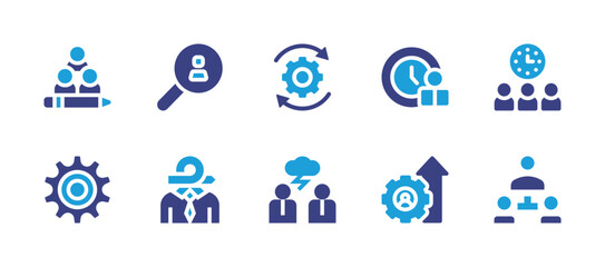 Business management icon set. Duotone color. Vector illustration. Containing content management, user, new, time management, management, leader, resolution, business.