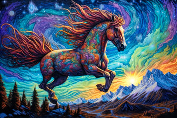 Magical horse posed against night sky, mountains landscape, stylized colorful painting, expressive. Generative AI