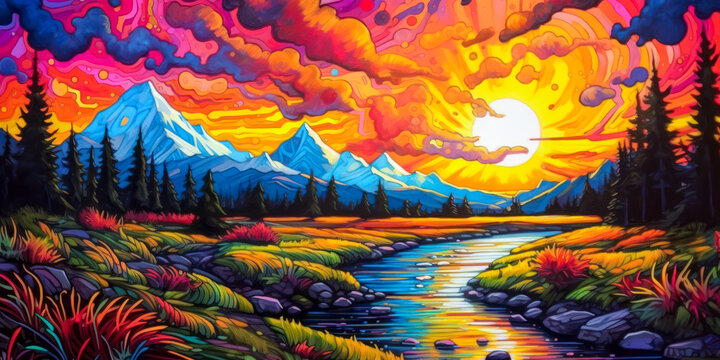 Mountains landscape, river, sunset, background, colorful, painting. Generative AI © Sunshower Shots