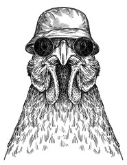Vintage engraving isolated chicken glasses dressed fashion set illustration rooster ink sketch. Farm fowl background hen bird silhouette cock sunglasses hipster hat art. Hand drawn image © Turaev