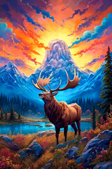 Deer, mountains landscape, colorful, painting. Generative AI