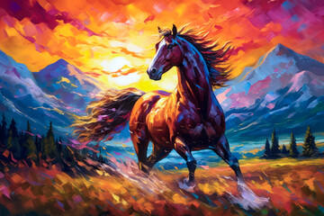 Horse running, stylized colorful painting, expressive. Generative AI