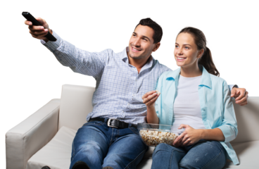 Young couple watching tv siting on a sofa