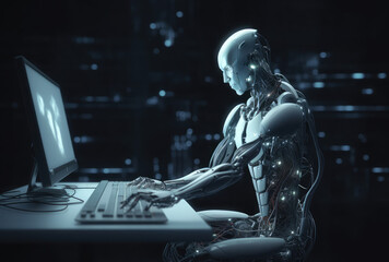 Obraz na płótnie Canvas A robot is working with a computer, generative AI