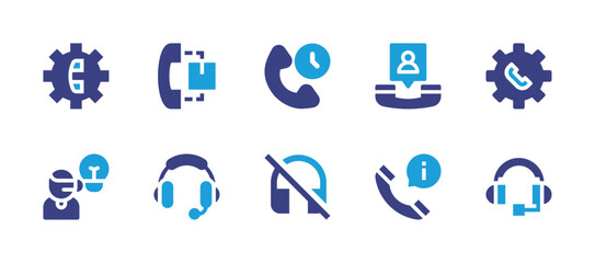 Call center icon set. Duotone color. Vector illustration. Containing customer support, helpline, time call, contact, setting, solution, headset, information.