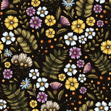 Vintage botanical buttercups flowers and fern seamless pattern on black