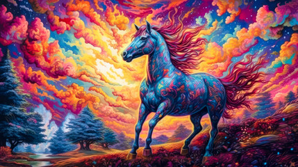 Colorful horse and night sky, stylized painting, expressive. Generative AI