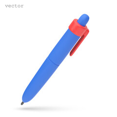 Vector 3D Ballpoint Pen icon. Cute cartoon 3d pen. Realistic 3d blue ballpoint mechanical pen. Vector illustration isolated on white background.