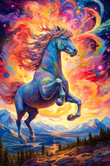 Fototapeta na wymiar Magical horse posed against night sky, mountains landscape, stylized colorful painting, expressive. Generative AI
