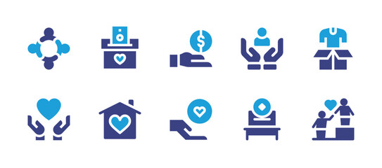 Charity icon set. Duotone color. Vector illustration. Containing team, donation, funding, care, charity, love, house, heart.
