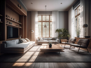 Stylish composition of cozy living room interior Created with Generative AI technology.