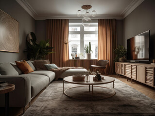 Naklejka na ściany i meble Stylish composition of cozy living room interior Created with Generative AI technology.