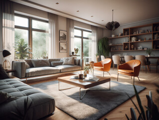 Stylish composition of cozy living room interior