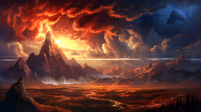Fiery mountain peak, landscape, fantasy, background, painting. Generative AI