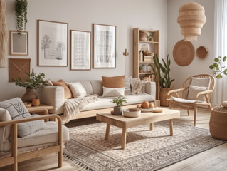 Stylish composition of cozy living room interior Created with Generative AI technology.