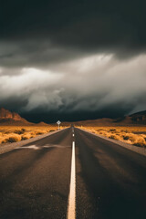 The road leading to the distance on the grassland under dark clouds.