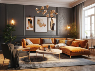 Stylish composition of cozy living room interior 
