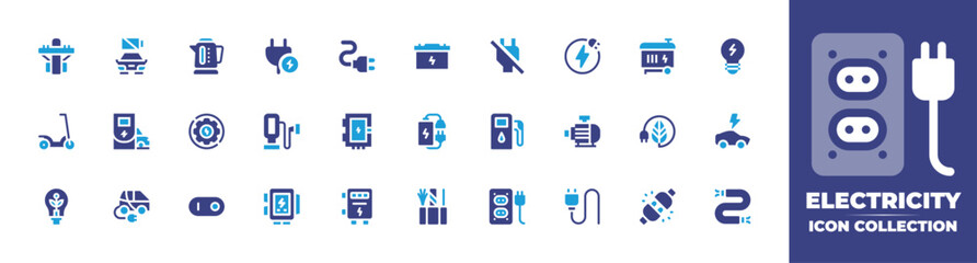 Electricity icon collection. Duotone color. Vector and transparent illustration. Containing electric pole, electric car, electric kettle, plug, electrical, car battery, power off, and more.