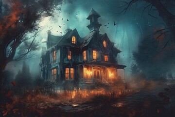 Halloween theme. A dark, scary mansion with a burning light. Generate Ai. Generative AI
