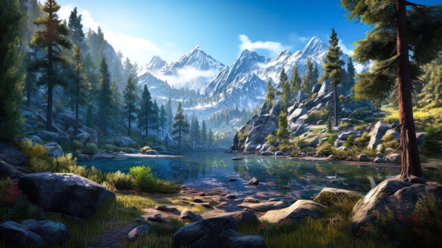 Mountains landscape, lake, background, sunburst, photorealism. Generative AI