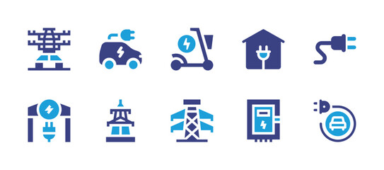 Electricity icon set. Duotone color. Vector illustration. Containing electric tower, electric car, electric scooter, outlet, extension cable, electric station, fuse box.