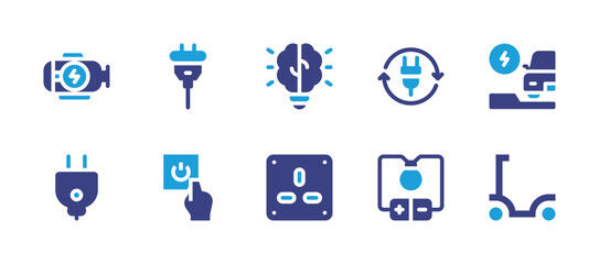 Electricity icon set. Duotone color. Vector illustration. Containing engine, tools and utensils, idea, electric plug, electric car, plug, power button, socket, electric current, electric scooter.