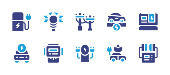Electricity icon set. Duotone color. Vector illustration. Containing electric car, electric surge, electric pole, electric generator, electric meter, electric station, defibrillator.