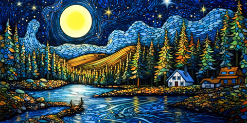 Stylized landscape, town on a lake, swirling night sky, background, colorful, painting. Generative AI