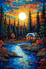 Stylized landscape, house on a river, swirling sky, background, colorful, painting. Generative AI