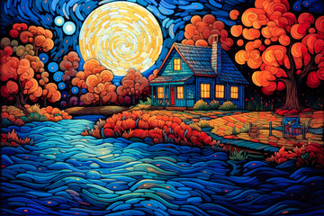 Stylized landscape, house on a river, large moon, swirling night sky, background, colorful, painting. Generative AI