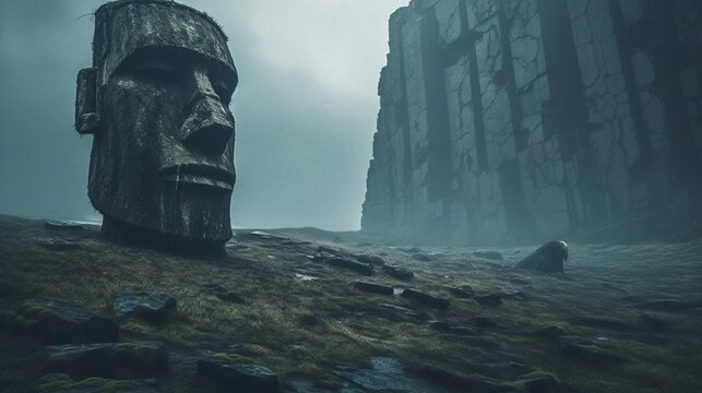 Misty Gothic Rock Wall With Moai Statue: A Dark And Foreboding Landscape