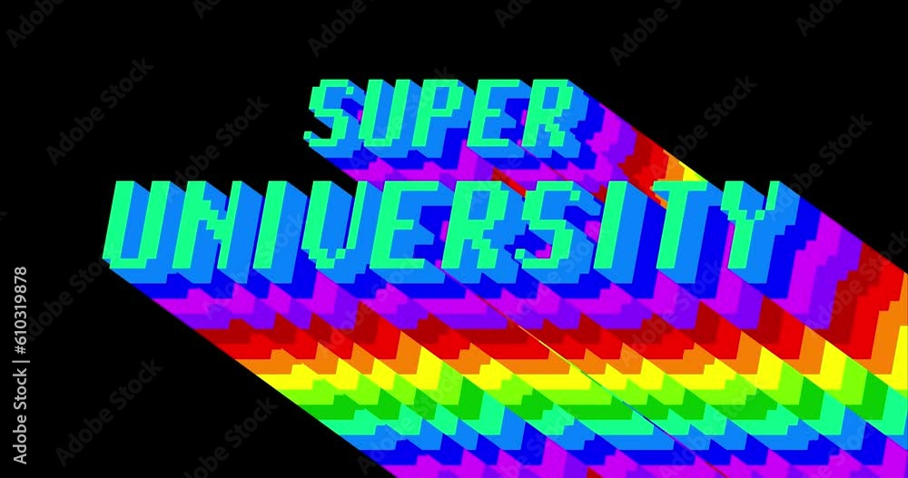 Poster super university. 4k animated word with long layered multicolored shadow with the colors of a rainbo