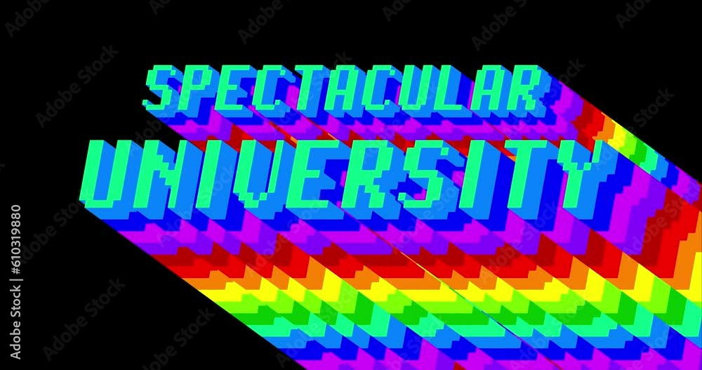 Poster spectacular university. 4k animated word with long layered multicolored shadow with the colors of a 