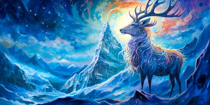 Fantasy white deer creature, arctic mountains landscape, colorful, painting. Generative AI