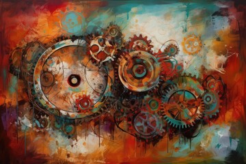 Freehand drawing with paints: gears and bolts of some kind of mechanism. Generative AI