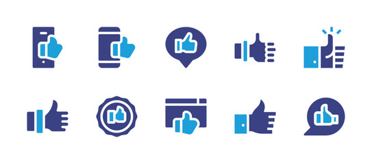 Like icon set. Duotone color. Vector illustration. Containing smartphone, suggest, thumbs up, badge, browser.