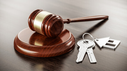 Obraz premium Mallet Gavel and Keys on wooden table. Law Legal System Justice Auction concept