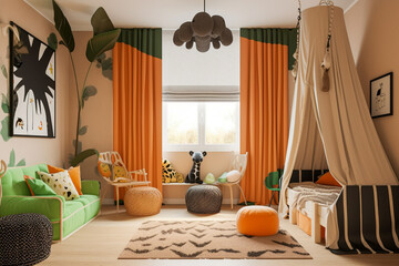 Cozy kids room with plants. Orange, green and black colors. African eco interior design. Super photo realistic background, generative ai illustrarion