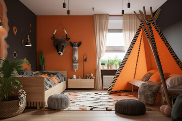 Cozy living room with sofa and chairs. Orange, green and black colors. African eco interior design. Super photo realistic background, generative ai illustrarion
