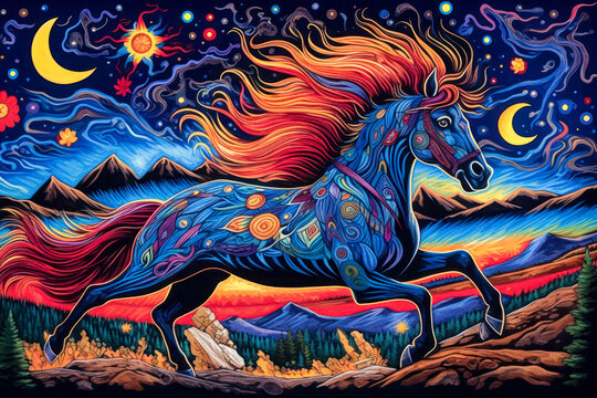 Horse running, night, folk art, stylized colorful painting, expressive. Generative AI