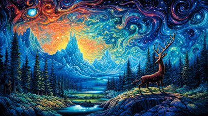 Deer, mountains landscape, swirling night sky, colorful, painting. Generative AI
