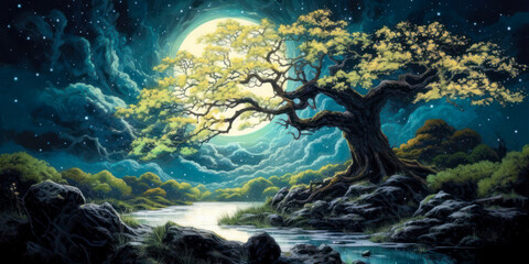 Stylized landscape, night, giant tree, large moon, background, colorful, painting. Generative AI