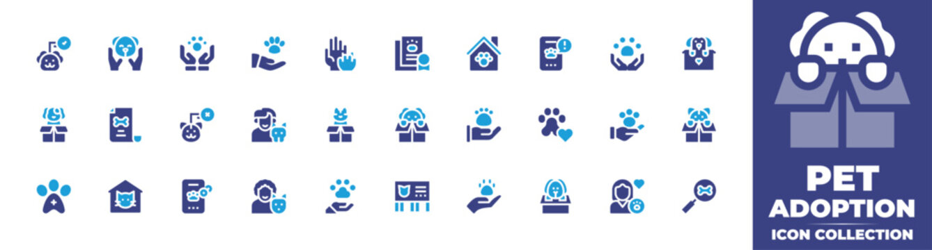 Pet adoption icon collection. Duotone color. Vector and transparent illustration. Containing adopted, pet, pet care, share, adoption, pet house, emergency, dog, contract, not adopted, puppy, and more.
