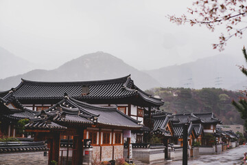 Bukchon Hanok Village in Seoul, South Korea. View of traditional wooden buildings.