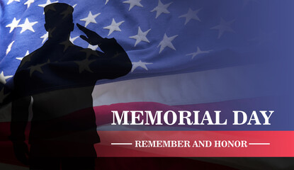 Memorial day, remember and honor text on USA flag background.
