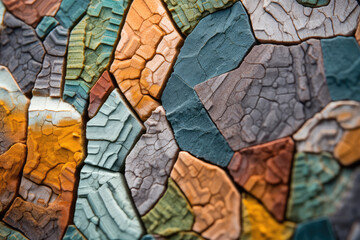 An abstract pattern composed of colorful rocks pieced together.