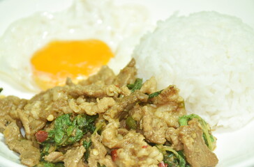 spicy stir fried chop beef with basil leaf and chili on rice topping egg in plate