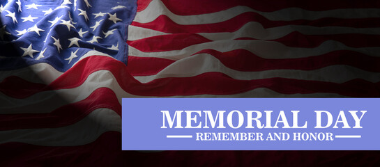 Memorial day, remember and honor text on USA flag background.