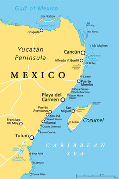Cancun, Cozumel and Riviera Maya, Mexico, political map. Cancun, city on the coast of Yucatan Peninsula, north of Riviera Maya, a Caribbean coast resort, with Cozumel in the east of Playa del Carmen.