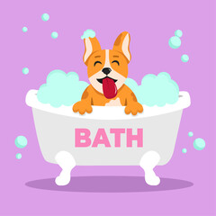 joyful kawaii cute dog in bath in flat vector style. Concept of grooming salon. Cartoon smiling dog sitting in a bubble bath. Illustation about dog grooming and healthcare for website content